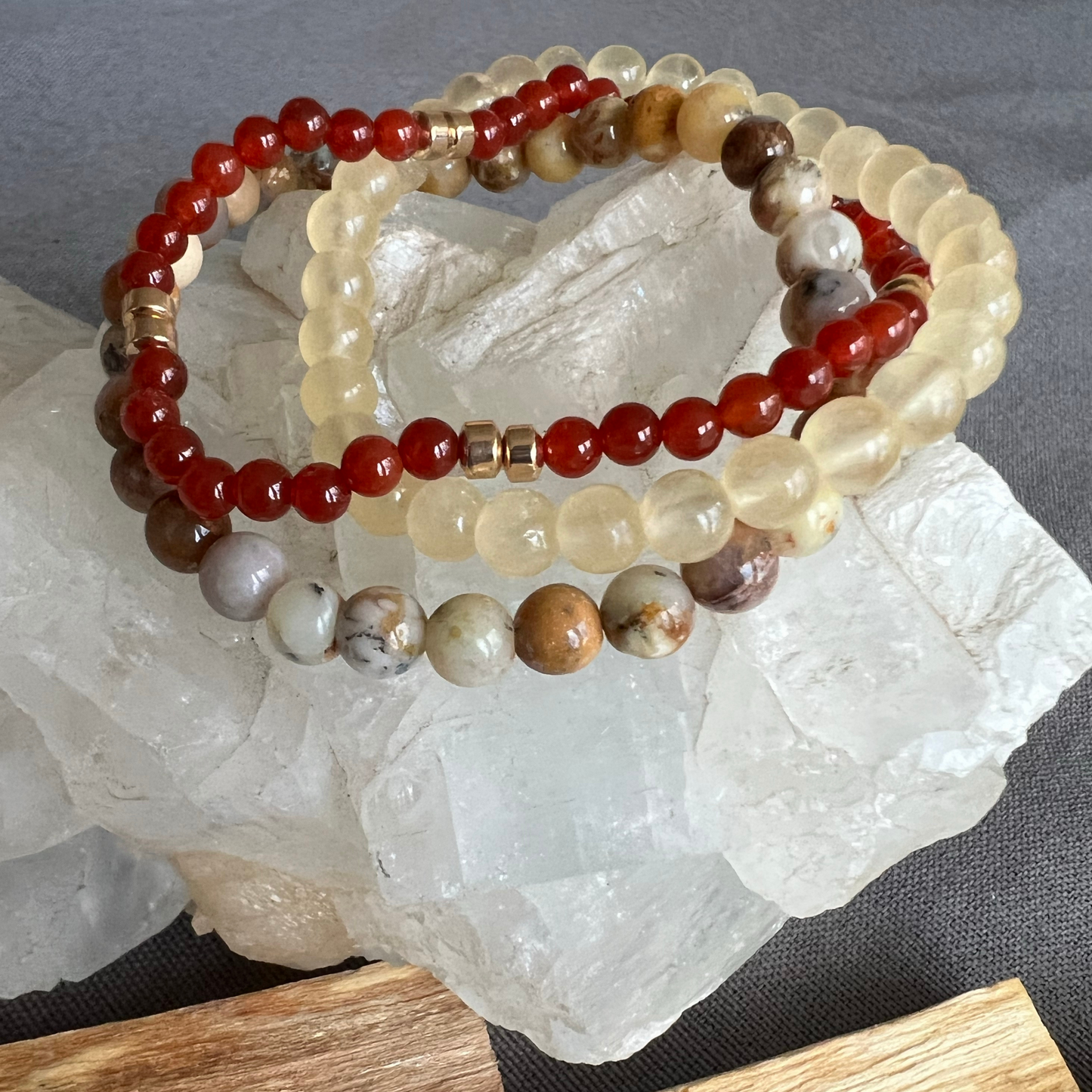 Self-Acceptance Stack: Carnelian, Crazy Lace Agate, & Golden Calcite