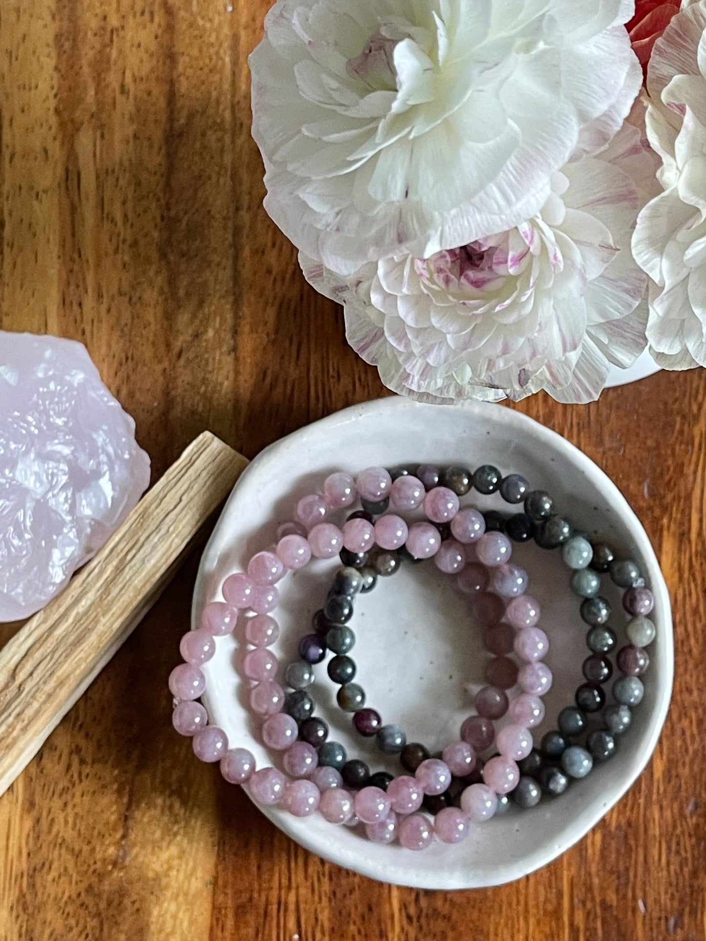 Manifesting Bracelet Stack: Rose Quartz, Ruby Sapphire, and Prehnite